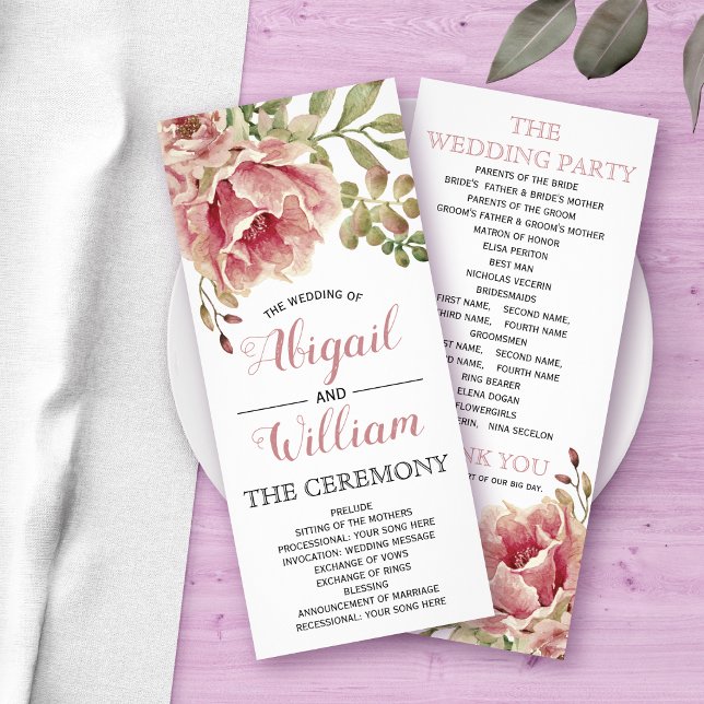 Dusty rose pink flowers floral wedding program rack card (Creator Uploaded)