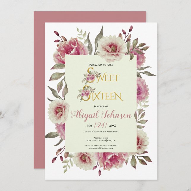 Dusty rose pink flowers sweet sixteen birthday  invitation (Front/Back)