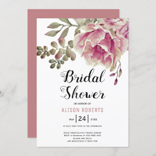 Dusty rose pink flowers wedding bridal shower  invitation