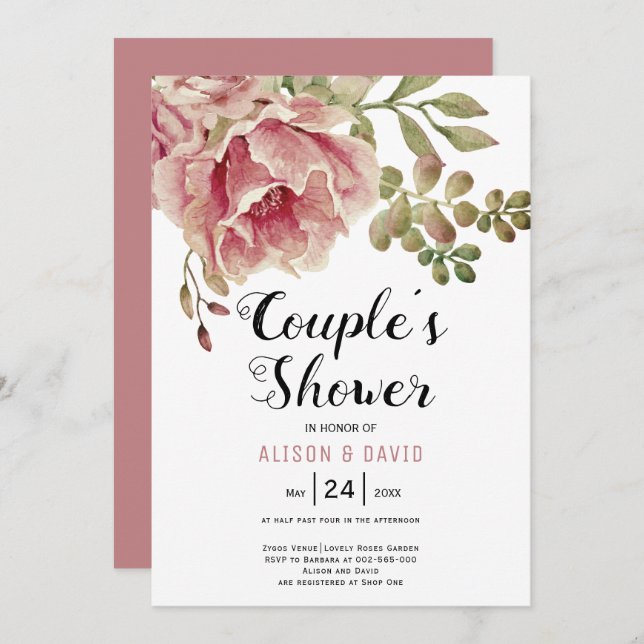 Dusty rose pink flowers wedding couples shower invitation (Front/Back)