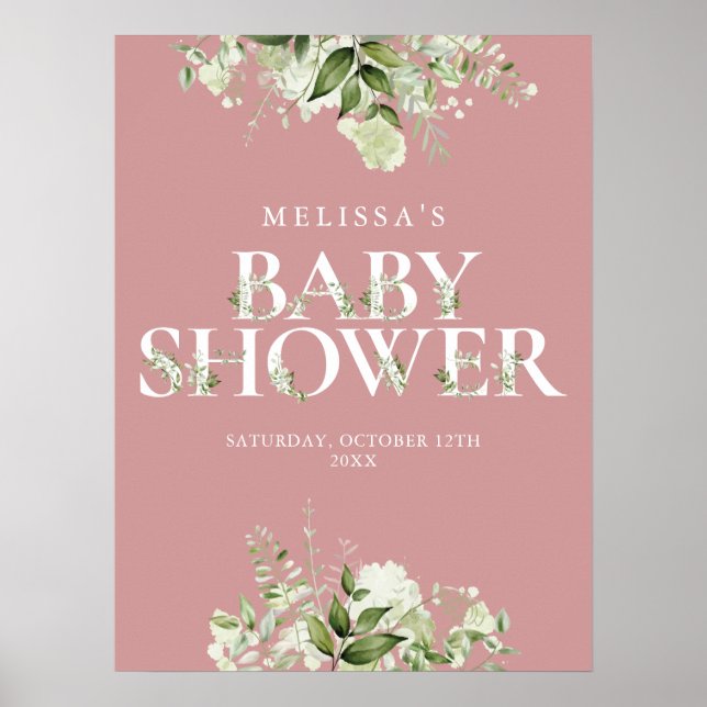 Dusty Rose Pink Greenery Baby Shower Sign (Front)
