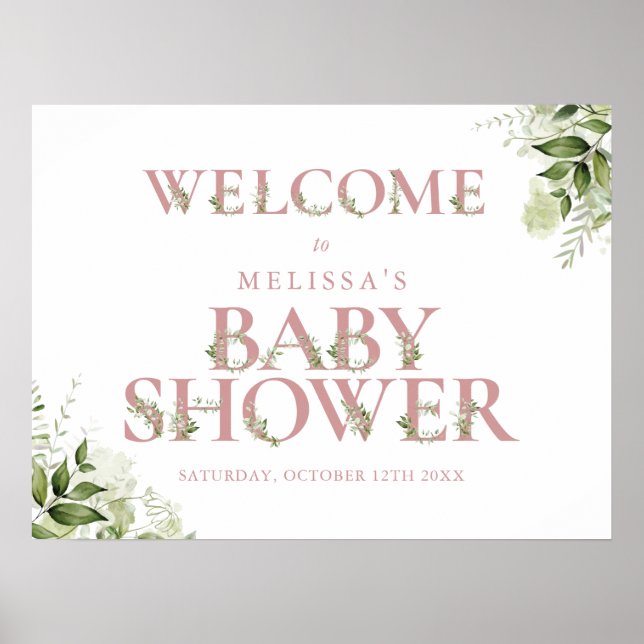 Dusty Rose Pink Greenery Baby Shower Welcome Sign (Front)
