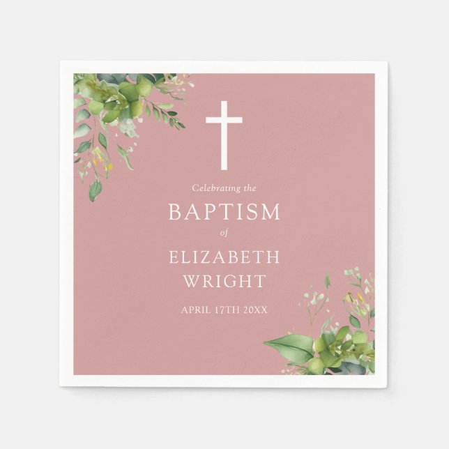 Dusty Rose Pink Greenery Baptism Christening Napkin (Front)