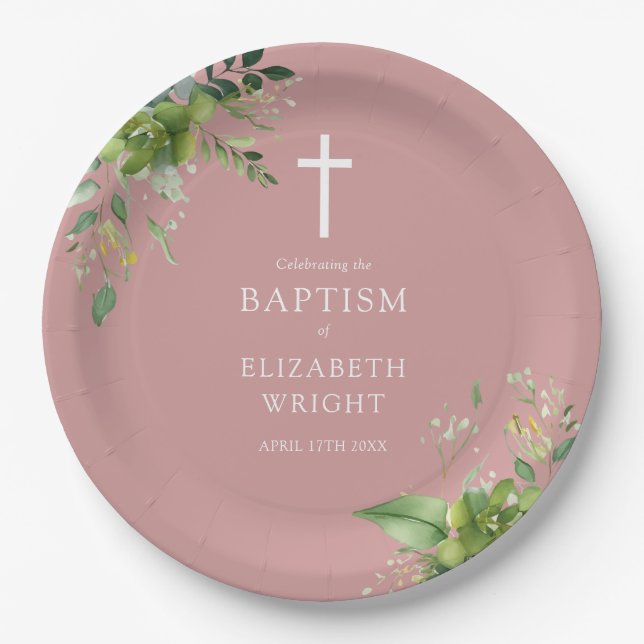 Dusty Rose Pink Greenery Baptism Christening Paper Plate (Front)
