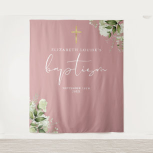 Dusty Rose Pink Greenery Baptism Photo Backdrop Tapestry