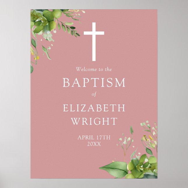 Dusty Rose Pink Greenery Baptism Welcome Sign (Front)