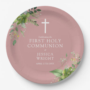 Dusty Rose Pink Greenery First Holy Communion Paper Plate