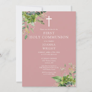 Dusty Rose Pink Greenery First Holy Communion Save The Date