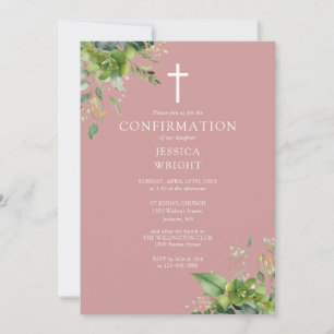Dusty Rose Pink Greenery Monogram Confirmation Invitation