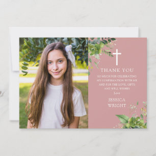 Dusty Rose Pink Greenery Photo Confirmation Thank You Card