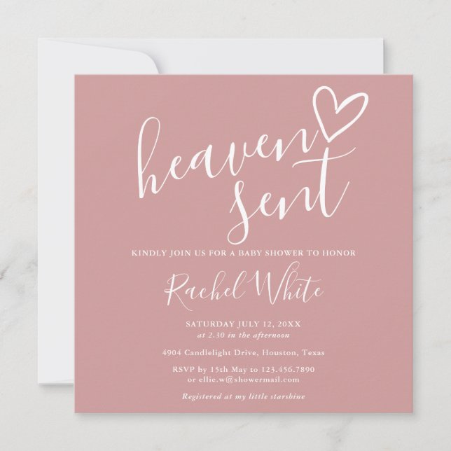Dusty Rose Pink Heaven Sent Girl Baby Shower Invitation (Front)