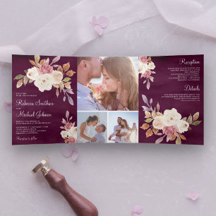 Dusty Rose Pink Ivory Floral Plum Purple Wedding Tri-Fold Invitation
