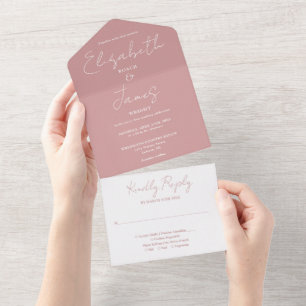 Dusty Rose Pink Minimalist Elegant Script Wedding All In One Invitation