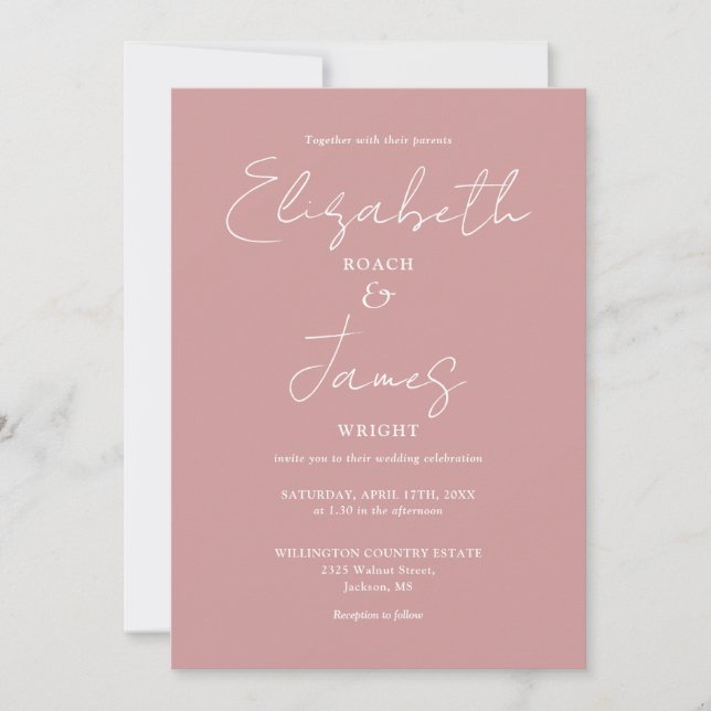 Dusty Rose Pink Minimalist Elegant Script Wedding Invitation (Front)