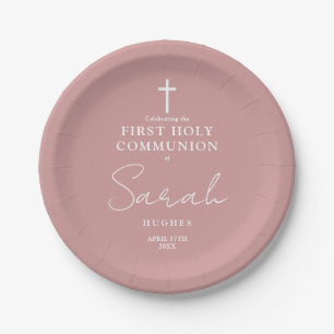 Dusty Rose Pink Minimalist First Holy Communion Paper Plate