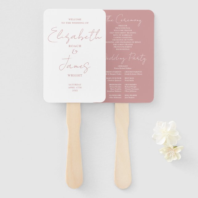 Dusty Rose Pink Minimalist Script Wedding Program Hand Fan (Front and Back)
