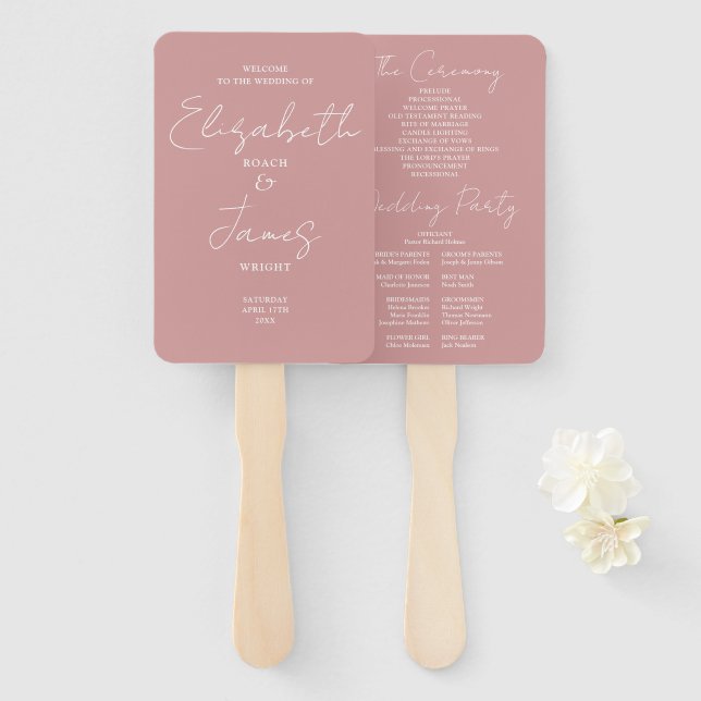 Dusty Rose Pink Minimalist Script Wedding Program Hand Fan (Front and Back)