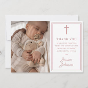 Dusty Rose Pink Modern Photo Baptism Christening Thank You Card