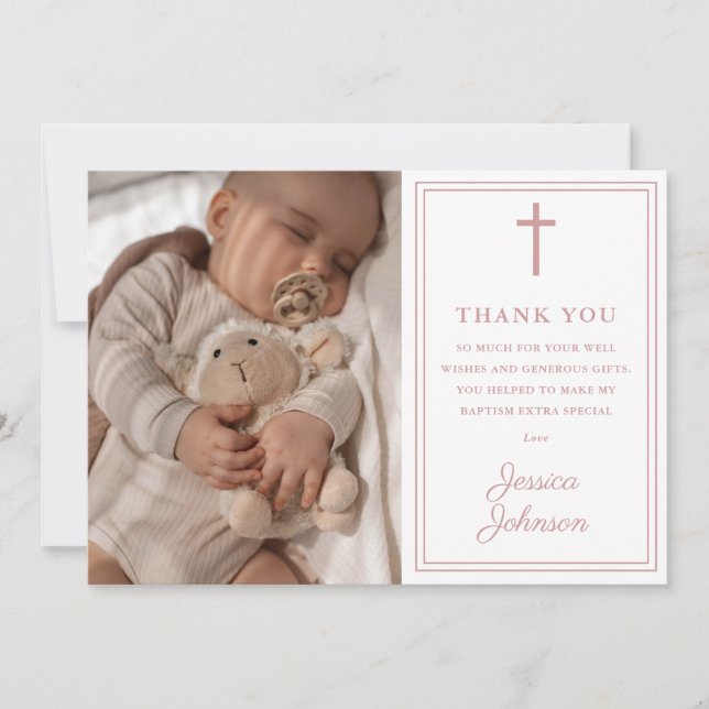 Dusty Rose Pink Modern Photo Baptism Christening Thank You Card (Front)