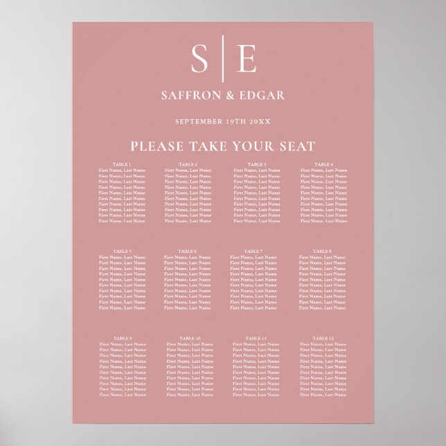 Dusty Rose Pink Monogram Wedding Seating Chart (Front)