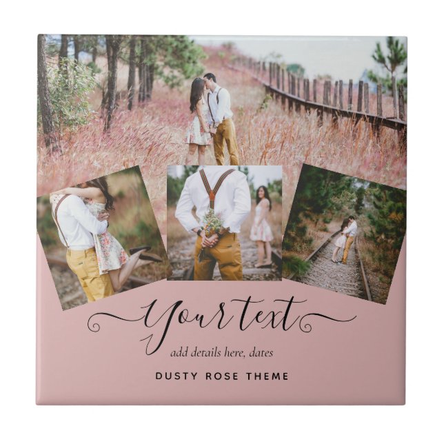Dusty Rose Pink Newlyweds Wedding PHOTO Gift Ceramic Tile (Front)