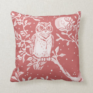Dusty Rose Pink Owl Woodland Moon Nature  Cushion