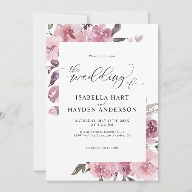Dusty Rose Pink Pastel Floral Mauve Flower Wedding Invitation (Front)