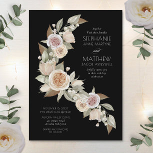 Dusty Rose Pink Peach Black Flowy Wedding Invitation