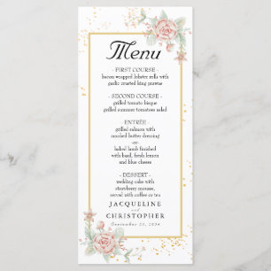 Dusty Rose Pink Peony Floral Peach Wedding Menu