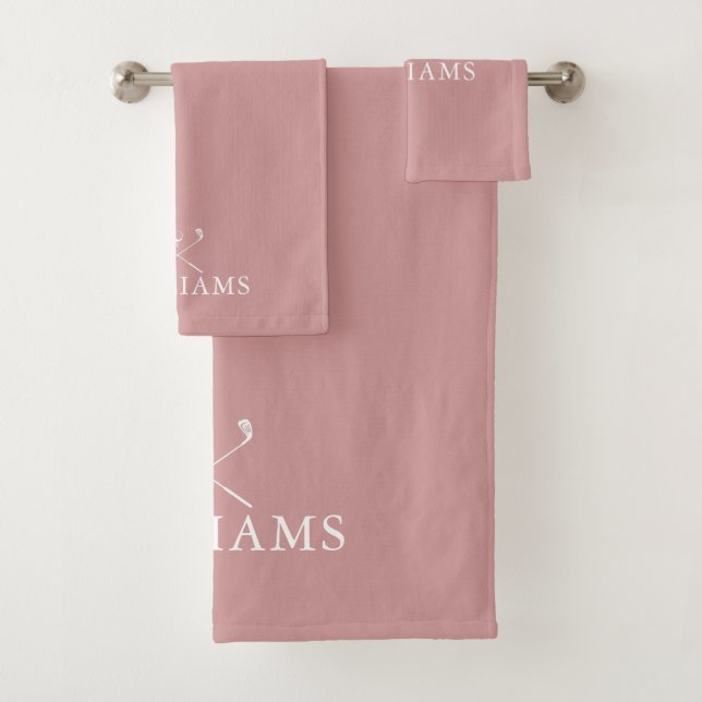 Dusty Rose Pink Personalised Name Golf Clubs Bath Towel Set (Insitu)