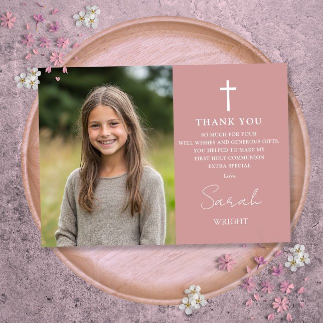 Dusty Rose Pink Photo First Holy Communion Thank You Card (Dusty Rose Pink Photo First Holy Communion Thank You Card)
