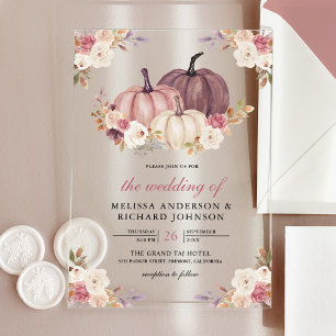 Dusty Rose Pink Pumpkin and Ivory Floral Wedding Acrylic Invitations