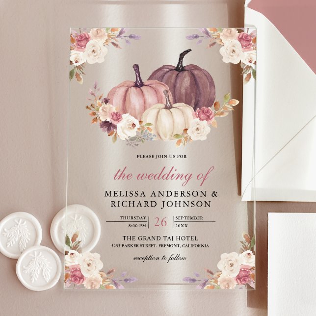 Dusty Rose Pink Pumpkin and Ivory Floral Wedding Acrylic Invitations (Creator Uploaded)