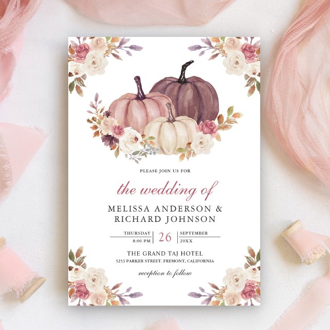 Dusty Rose Pink Pumpkin and Ivory Floral Wedding Invitation (Creator Uploaded)