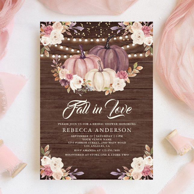 Dusty Rose Pink Pumpkin Floral Wood Bridal Shower Invitation (Creator Uploaded)