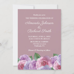 Dusty Rose Pink Purple Floral Wedding  Invitation