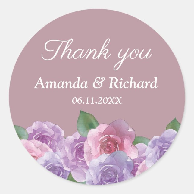 Dusty Rose Pink Purple Floral Wedding Thank You  Classic Round Sticker (Front)