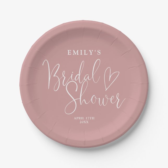 Dusty Rose pink Script Calligraphy Bridal Shower Paper Plate (Front)
