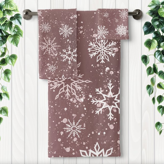 Dusty Rose Pink Snowflakes Elegant Winter Holiday Bath Towel Set (Creator Uploaded)