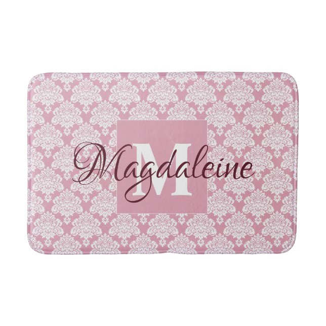 Dusty Rose Pink Vintage Damask Monogram & Name Bath Mat (Front)