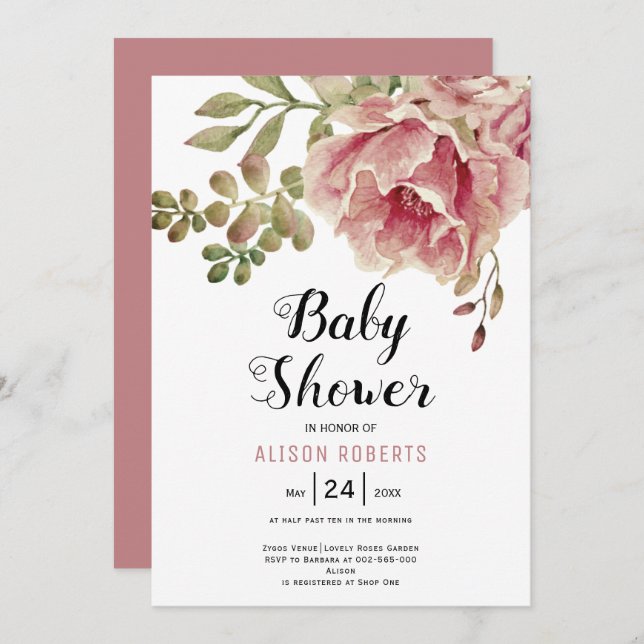 Dusty rose pink watercolor flowers baby shower invitation (Front/Back)