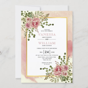 Dusty rose pink watercolor flowers floral wedding invitation