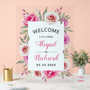 Dusty rose pink watercolor flowers wedding welcome acrylic sign