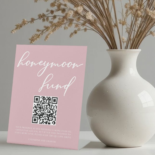 Dusty Rose Pink Wedding Honeymoon Fund QR Code Pedestal Sign (Creator Uploaded)