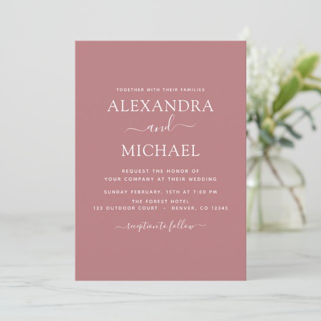 Dusty Rose Pink Wedding Modern Typography Invitation (Standing Front)