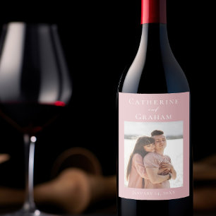 Dusty Rose Pink Wedding Personalised Couple Photo Wine Label