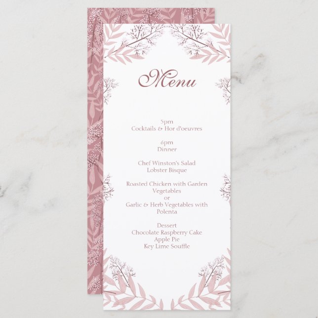 Dusty Rose Pink Wedding Vintage Botanical Menu (Front/Back)