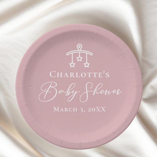 Dusty Rose Pink White Baby Shower Minimalist Paper Plate (Creator Uploaded)