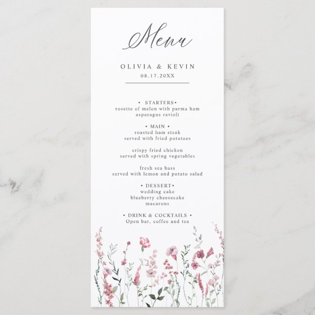 Dusty Rose Pink Wild Flower Meadow Floral Wedding  Menu (Front)