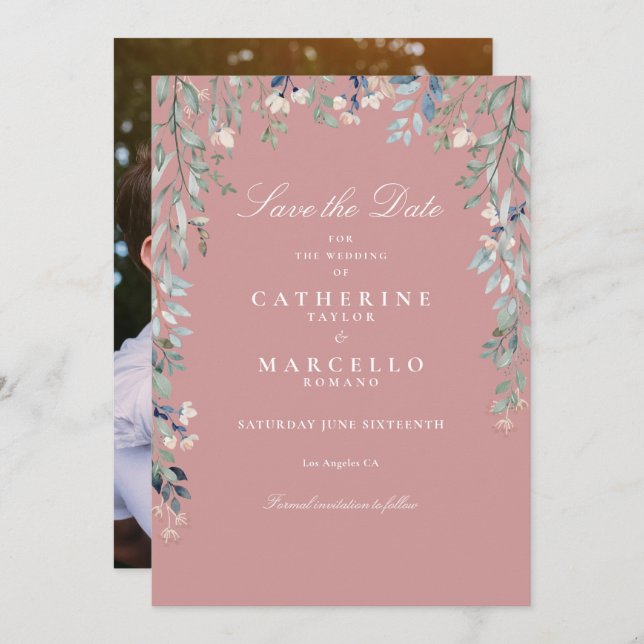 Dusty Rose Pink Wildflowers Floral Photo Wedding Save The Date (Front/Back)